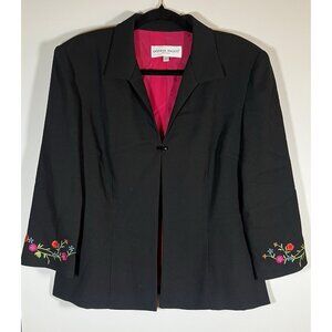 Vintage 90s Donna Ricco black single button blazer embroidered floral 12 cottage